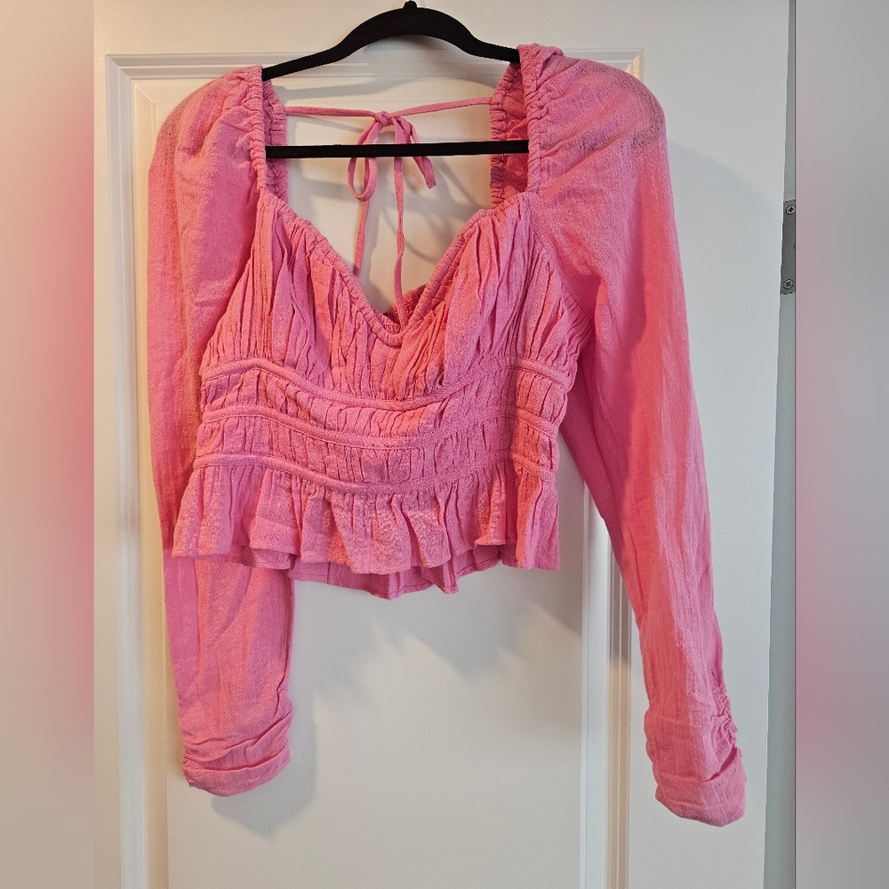 Free People Pink Ruched Peplum Blouse - Picture 4 of 6